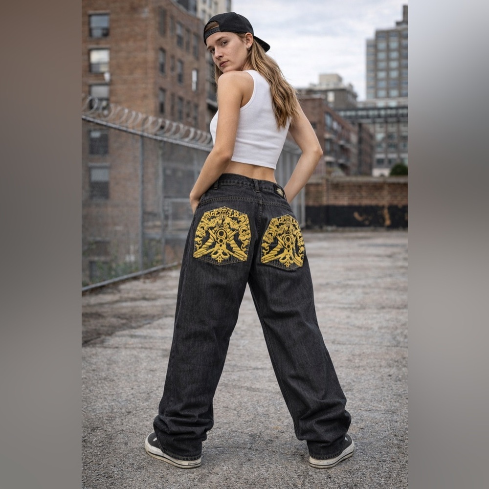 Eight 732 vintage denim embroidered baggy Y2K jeans gold blue oversized fit 36​